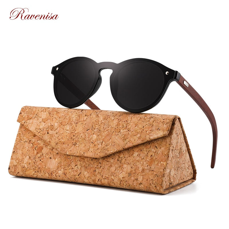 RAVENISA  Vintage Round  Wood Sunglasses Mono Green Lenses Sun Glasses For Men Women Wooden Eyewear