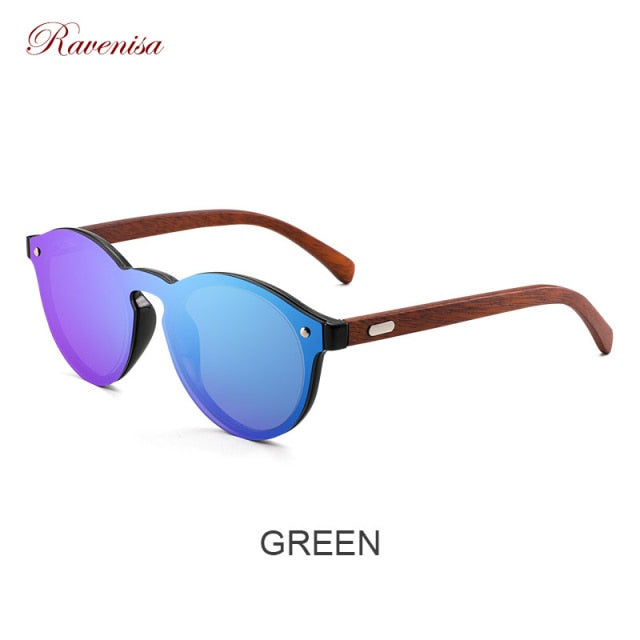 RAVENISA  Vintage Round  Wood Sunglasses Mono Green Lenses Sun Glasses For Men Women Wooden Eyewear