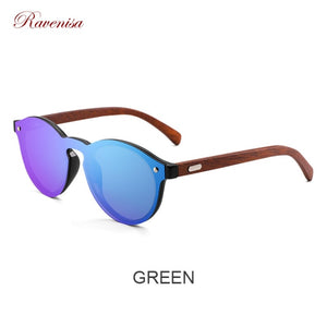 RAVENISA  Vintage Round  Wood Sunglasses Mono Green Lenses Sun Glasses For Men Women Wooden Eyewear