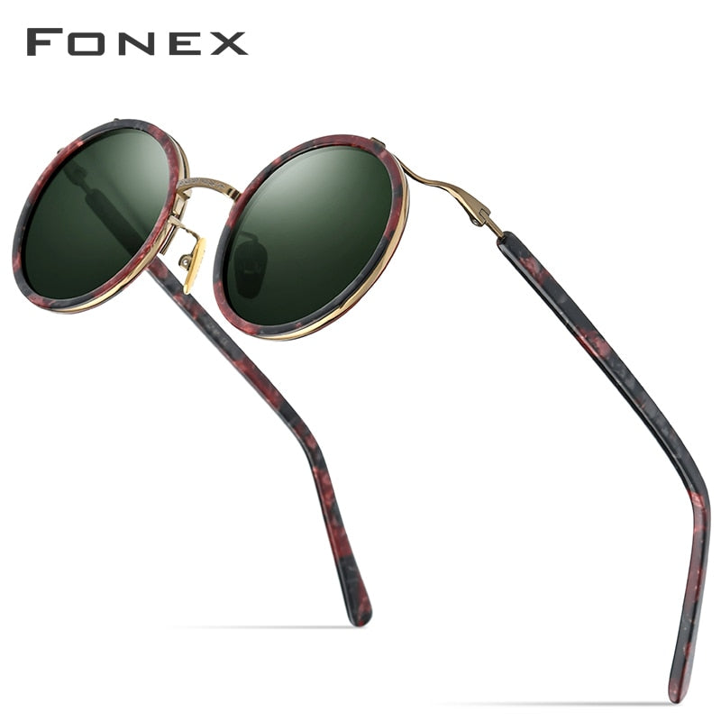 FONEX Acetate Titanium Sunglasses Men Vintage Retro Round Polarized Sun Glasses for Women 2020 New UV400 Shades Small Face 8524