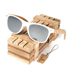 BOBO BIRD Womens Mens Bamboo Wooden Sunglasses White Frame Protection Eyewear Coating Mirrored UV400 Lenses Wooden Original Box